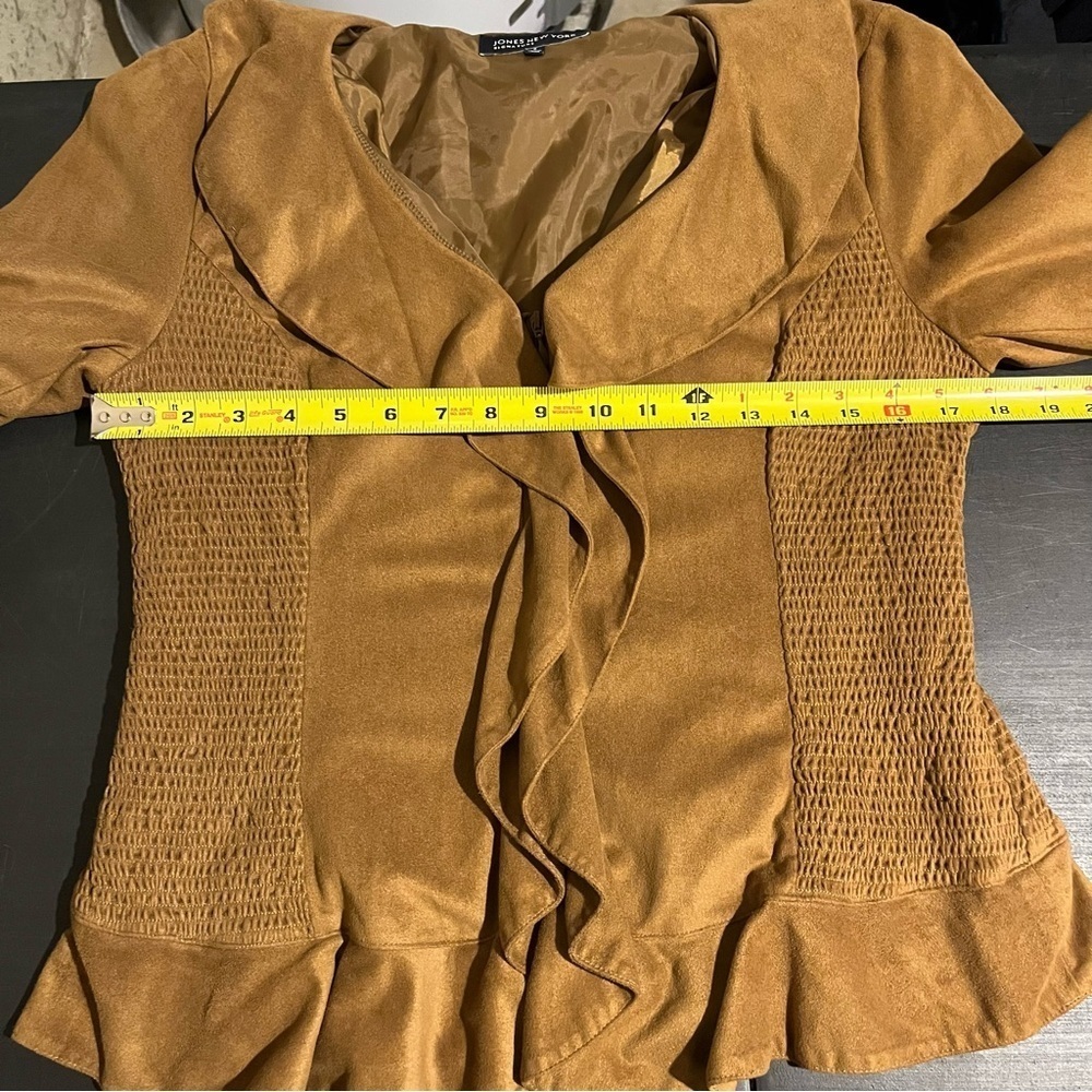 Jones New York Signature Womens Size 8 Faux Suede Zip Up Jacket Brown Ruffle - Picture 9 of 11